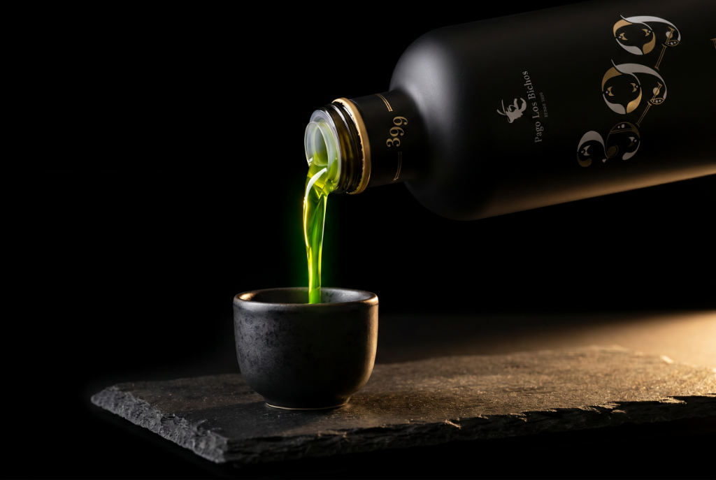 Aceite de oliva virgen extra ecológico Pago los Bichos vertiéndose desde botella 399 en cuenco de cerámica sobre pizarra