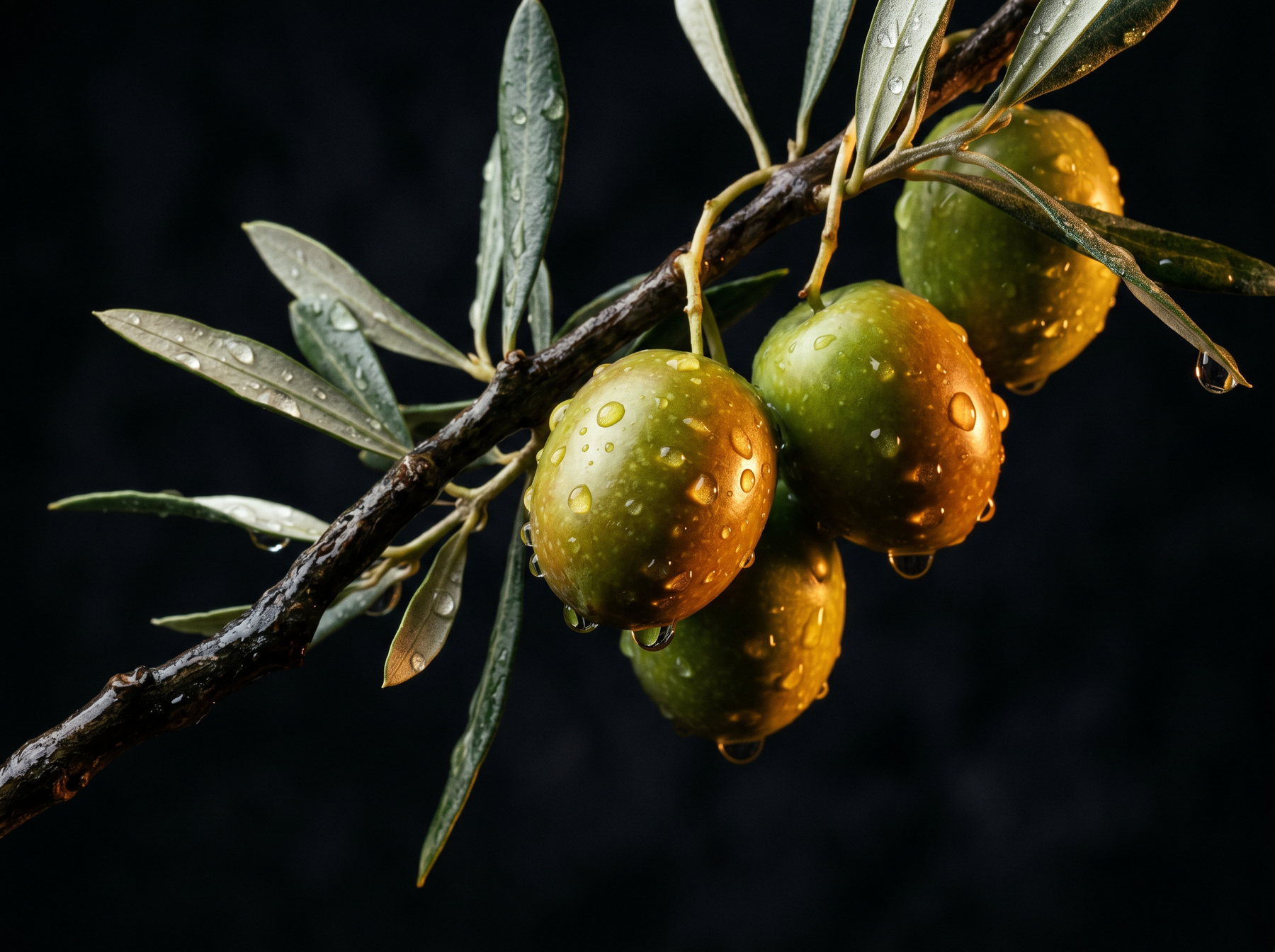 Aceituna Manzanilla Fermosellana en rama, macro editorial con fondo negro
