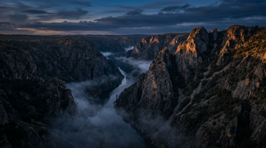 Cañón del río Duero al amanecer con niebla — Parque Natural Arribes del Duero, Fermoselle, Zamora, terroir del AOVE ecológico premium Pago los Bichos, Castilla y León