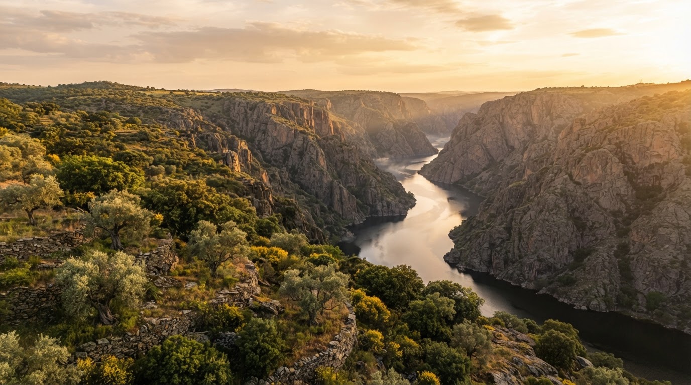 Cañón del Duero al atardecer con olivos centenarios de Manzanilla Fermosellana, encinas y matorral mediterráneo en bancales de piedra — Parque Natural Arribes del Duero, Fermoselle (Zamora), Castilla y León, origen del AOVE ecológico premium Pago los Bichos