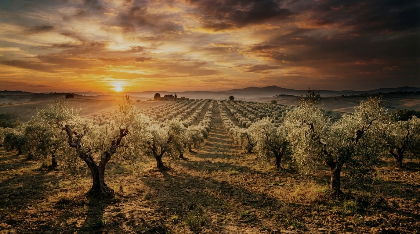 Olivar de Manzanilla Fermosellana al atardecer en Fermoselle, Zamora — bancales de olivos centenarios en los Arribes del Duero, origen del AOVE ecológico premium Pago los Bichos